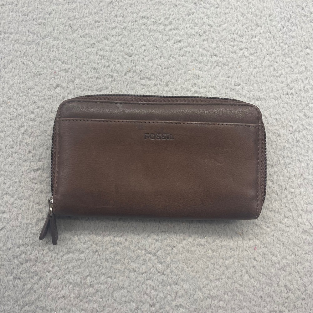Fossil Brown Double Zip Around Women's Purse Organizer Leather Clutch‎ Wallet